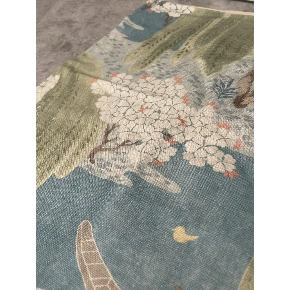 Blue Canvas Throw Pillow Cover 20x20 Asian Landscape Willow Cherry Blossoms